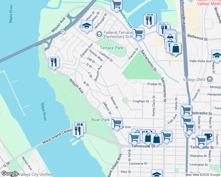map of restaurants, bars, coffee shops, grocery stores, and more near 187 Baxter Street in Vallejo