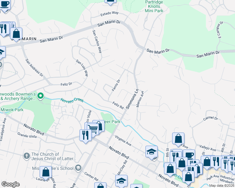 map of restaurants, bars, coffee shops, grocery stores, and more near 1110 Ferris Drive in Novato