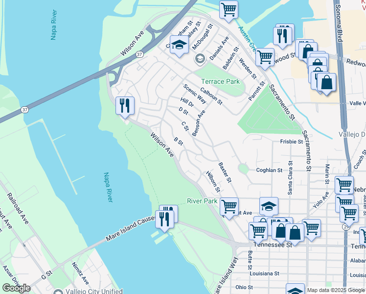 map of restaurants, bars, coffee shops, grocery stores, and more near 101 B Street in Vallejo