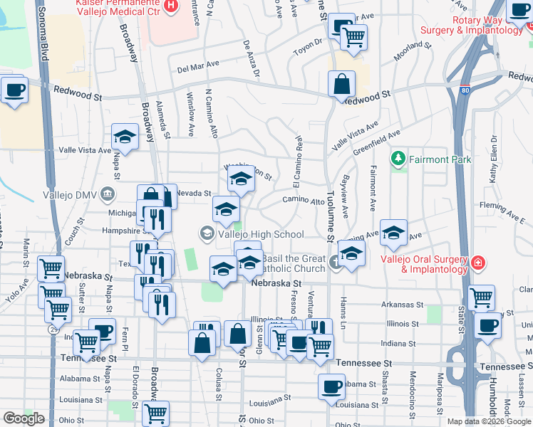 map of restaurants, bars, coffee shops, grocery stores, and more near 11 Loma Vista in Vallejo