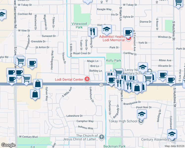 map of restaurants, bars, coffee shops, grocery stores, and more near 1335 Pippen Lane in Lodi