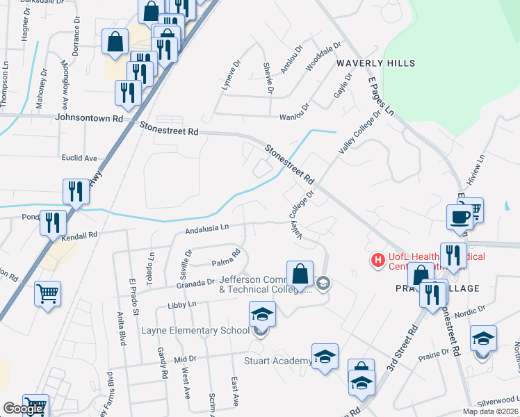 map of restaurants, bars, coffee shops, grocery stores, and more near 4617 Andalusia Lane in Louisville