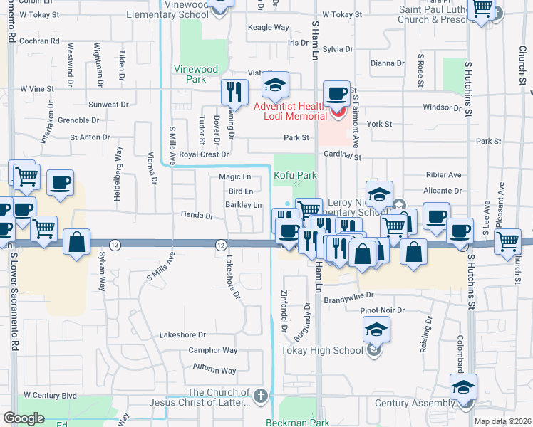 map of restaurants, bars, coffee shops, grocery stores, and more near 1329 Robinson Lane in Lodi