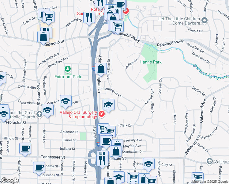 map of restaurants, bars, coffee shops, grocery stores, and more near 517 Fleming Avenue in Vallejo