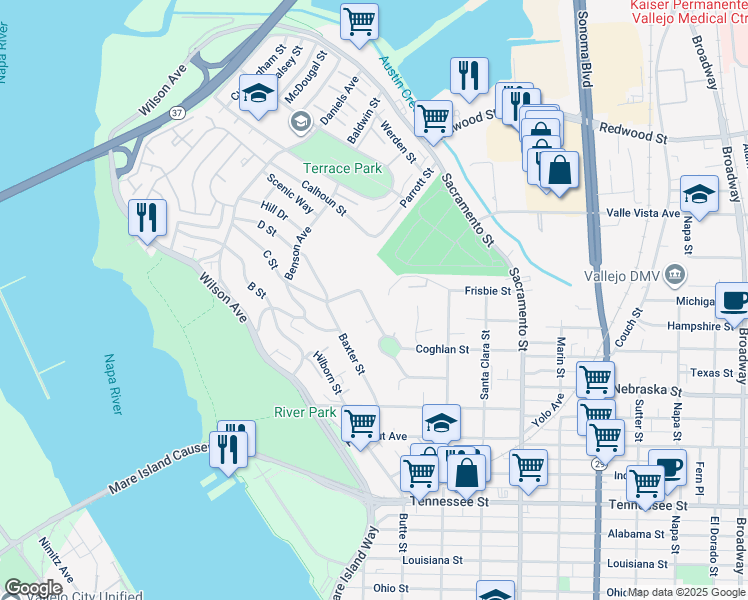 map of restaurants, bars, coffee shops, grocery stores, and more near 129 Harrier Avenue in Vallejo