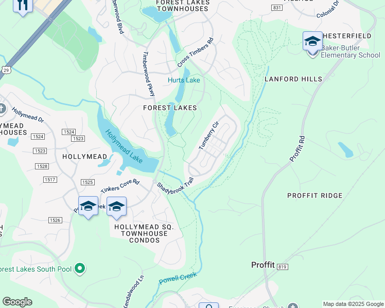 map of restaurants, bars, coffee shops, grocery stores, and more near 3196 Turnberry Circle in Charlottesville
