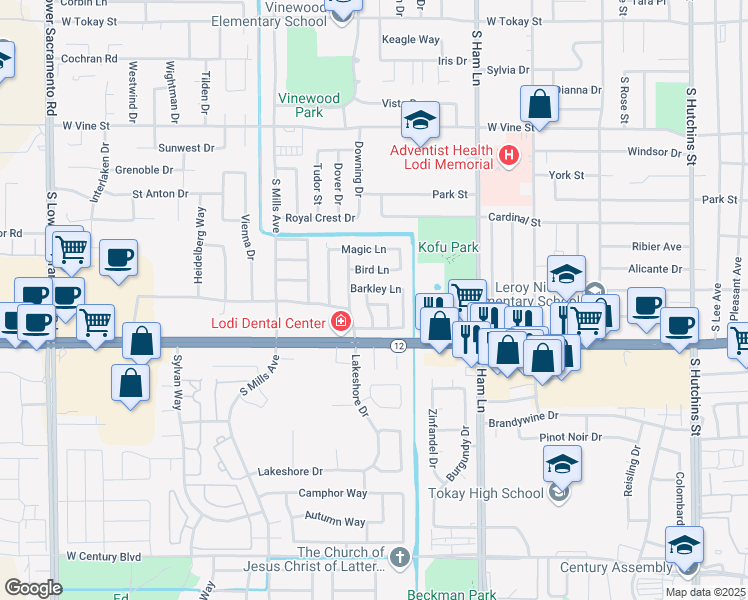 map of restaurants, bars, coffee shops, grocery stores, and more near 1589 Monroe Lane in Lodi