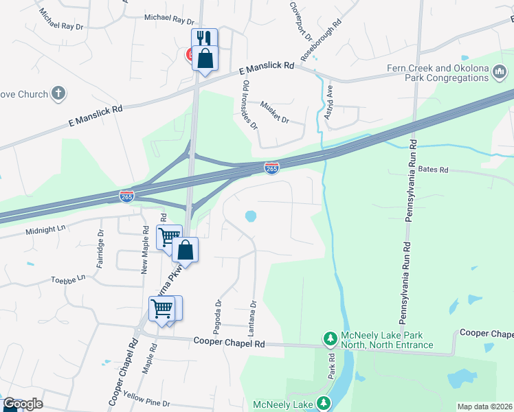 map of restaurants, bars, coffee shops, grocery stores, and more near 6804 John Paul Lane in Louisville