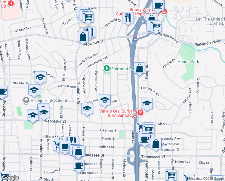 map of restaurants, bars, coffee shops, grocery stores, and more near 136 Edgemont Avenue in Vallejo