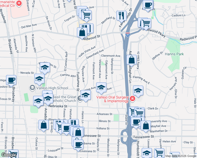 map of restaurants, bars, coffee shops, grocery stores, and more near 119 Viewmont Avenue in Vallejo