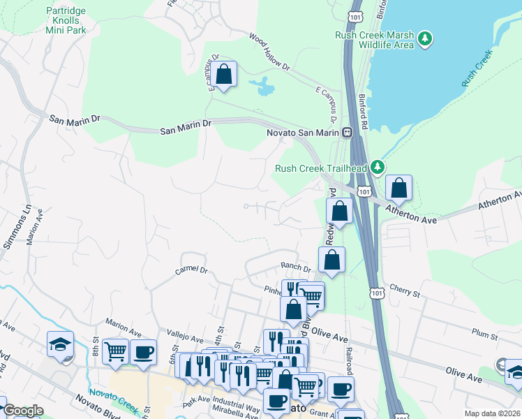 map of restaurants, bars, coffee shops, grocery stores, and more near 21 Wintergreen Court in Novato