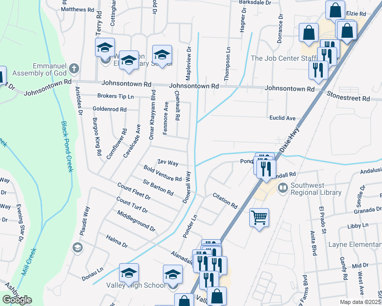 map of restaurants, bars, coffee shops, grocery stores, and more near 9321 Donerail Way in Louisville