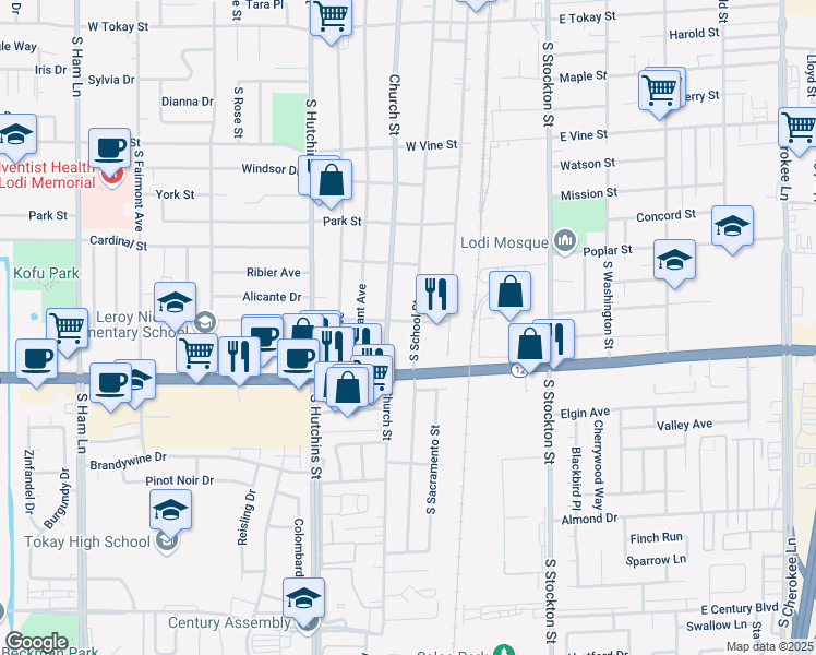 map of restaurants, bars, coffee shops, grocery stores, and more near 1314 South School Street in Lodi