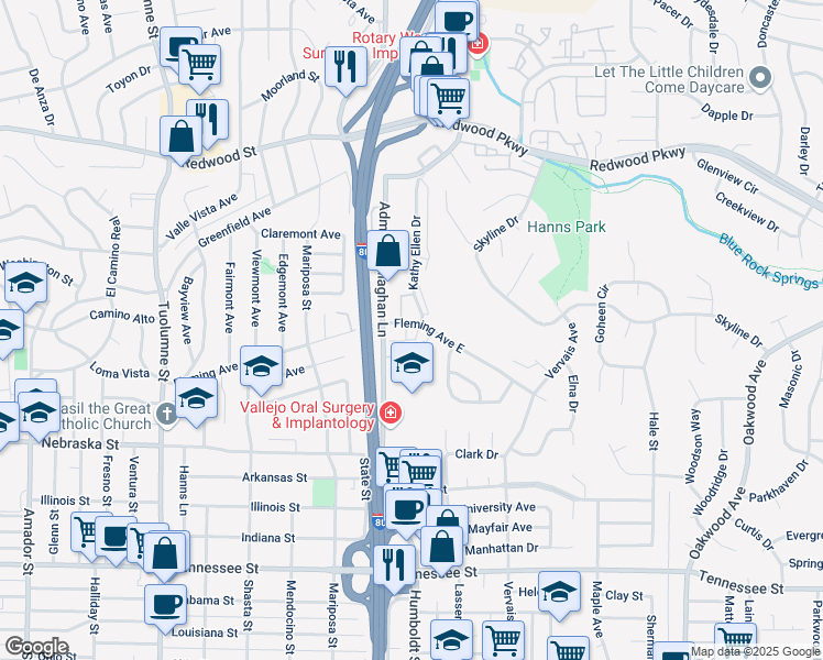 map of restaurants, bars, coffee shops, grocery stores, and more near 467 Fleming Avenue East in Vallejo