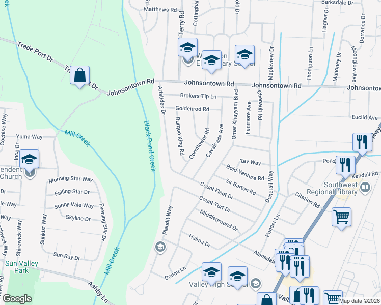 map of restaurants, bars, coffee shops, grocery stores, and more near 9413 Cornflower Road in Louisville