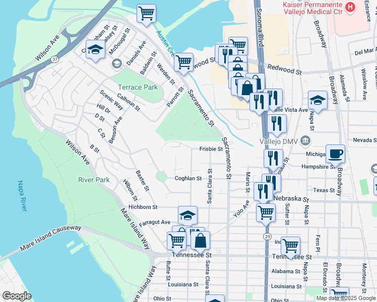 map of restaurants, bars, coffee shops, grocery stores, and more near 449 Carter Street in Vallejo