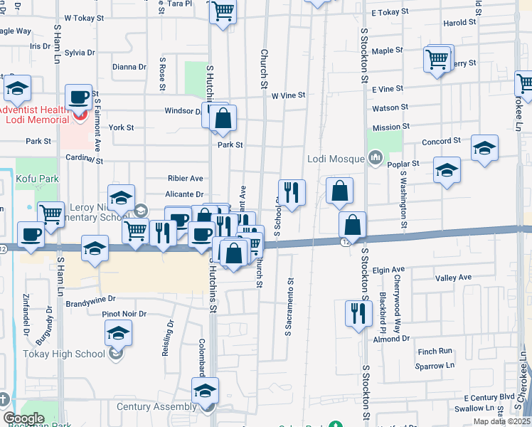 map of restaurants, bars, coffee shops, grocery stores, and more near 1314 South School Street in Lodi
