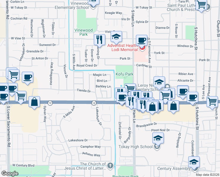 map of restaurants, bars, coffee shops, grocery stores, and more near 1329 Robinson Lane in Lodi