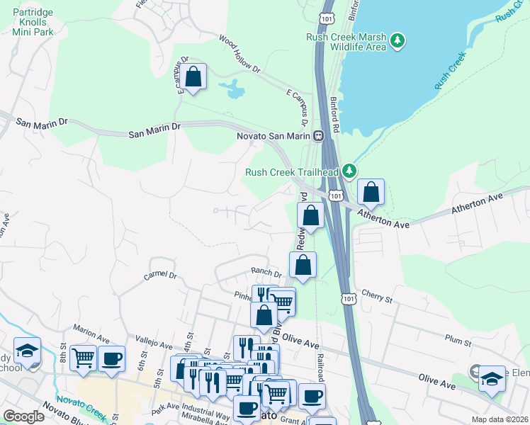 map of restaurants, bars, coffee shops, grocery stores, and more near 20 Lotus Court in Novato