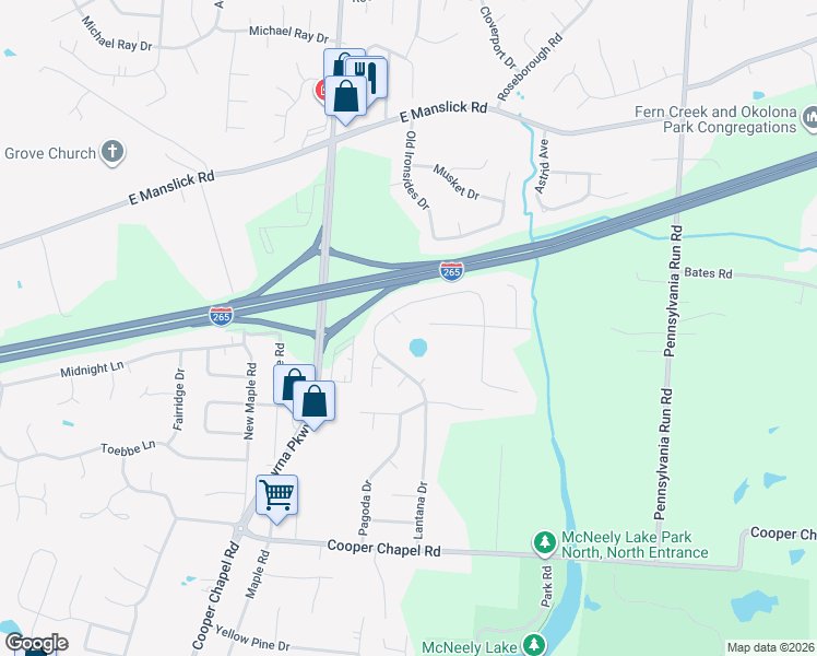 map of restaurants, bars, coffee shops, grocery stores, and more near 6804 John Paul Lane in Louisville