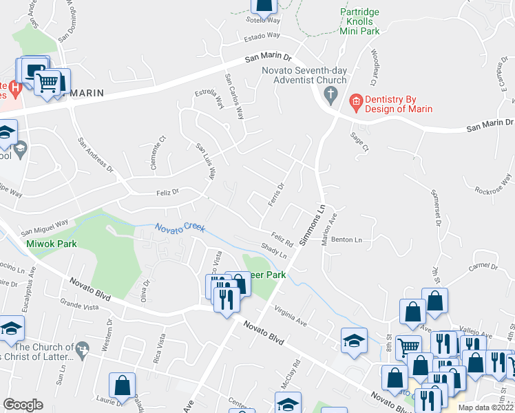 map of restaurants, bars, coffee shops, grocery stores, and more near 12 Nova Lane in Novato