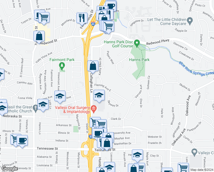 map of restaurants, bars, coffee shops, grocery stores, and more near 517 Fleming Avenue in Vallejo
