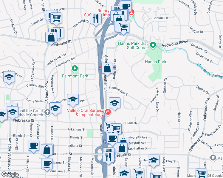 map of restaurants, bars, coffee shops, grocery stores, and more near 108 Maher Court in Vallejo