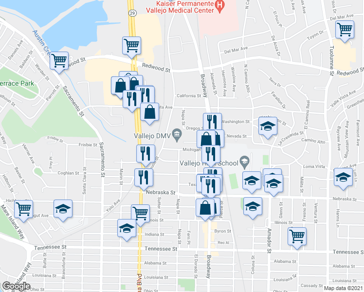 map of restaurants, bars, coffee shops, grocery stores, and more near 2315 Napa Street in Vallejo