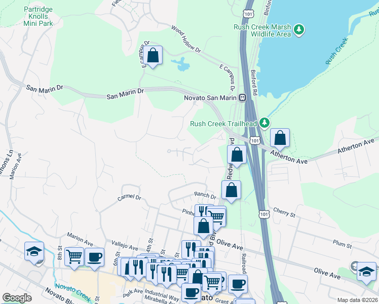 map of restaurants, bars, coffee shops, grocery stores, and more near 21 Wintergreen Court in Novato