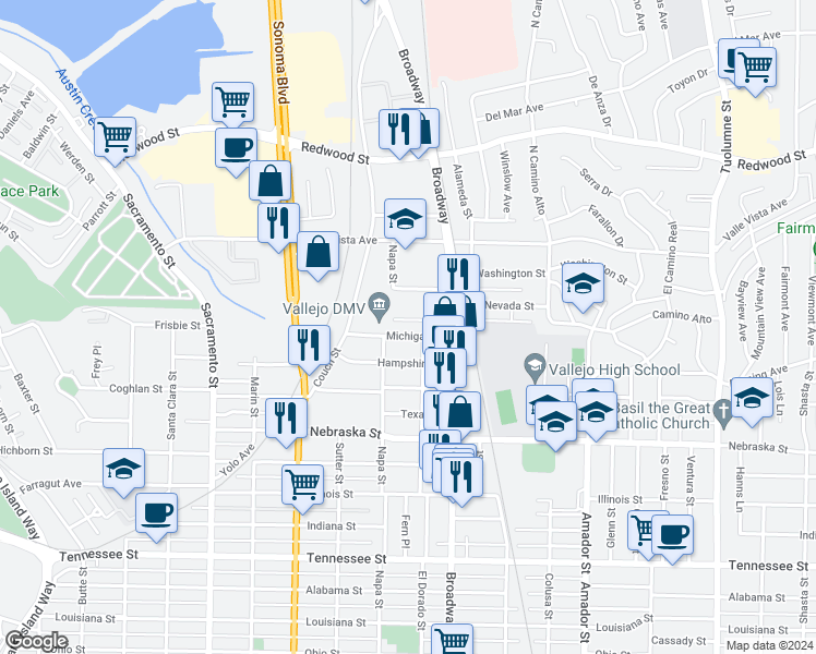 map of restaurants, bars, coffee shops, grocery stores, and more near 116 Michigan Street in Vallejo