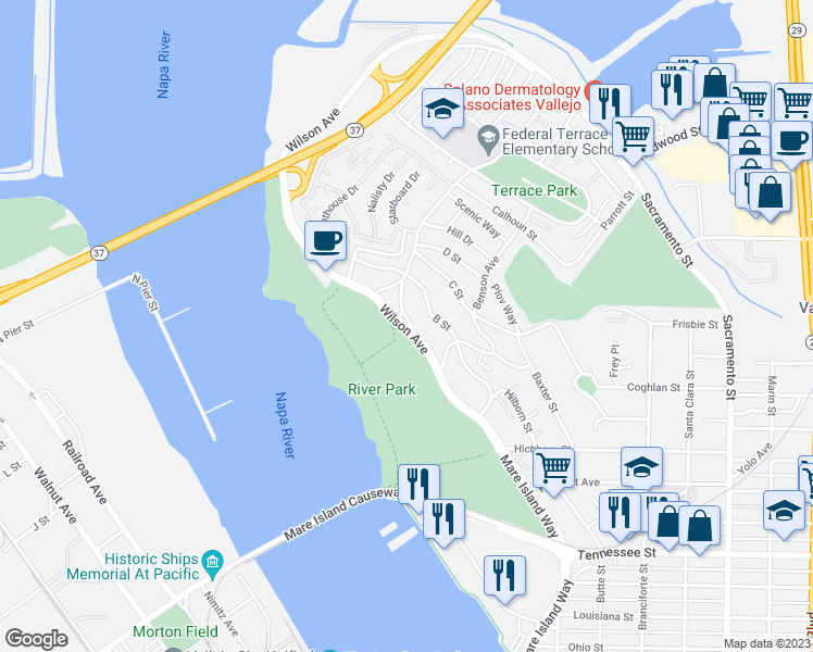 map of restaurants, bars, coffee shops, grocery stores, and more near 564 Wilson Avenue in Vallejo