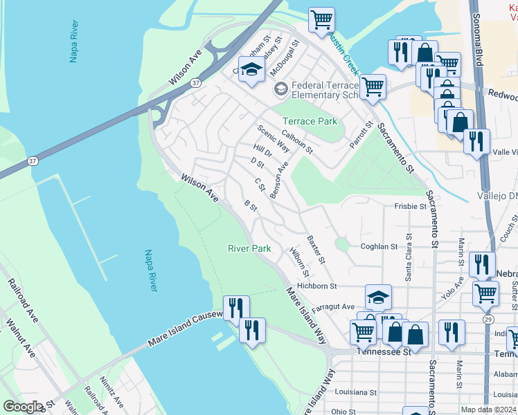 map of restaurants, bars, coffee shops, grocery stores, and more near 118 B Street in Vallejo