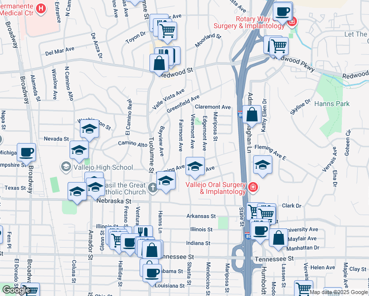 map of restaurants, bars, coffee shops, grocery stores, and more near 119 Viewmont Avenue in Vallejo