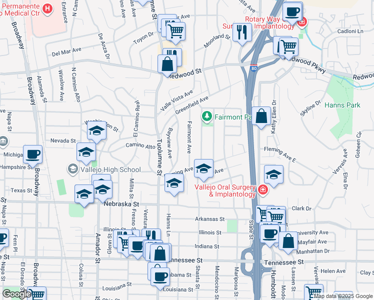 map of restaurants, bars, coffee shops, grocery stores, and more near 143 Fairmont Avenue in Vallejo