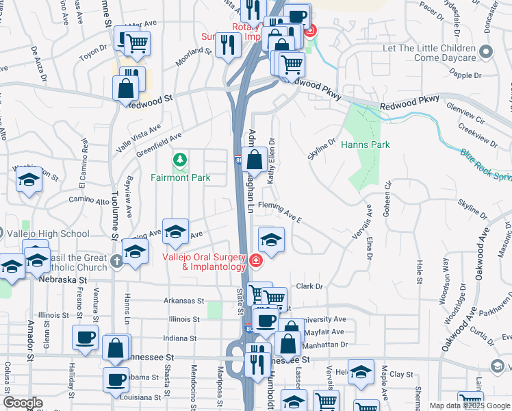 map of restaurants, bars, coffee shops, grocery stores, and more near 108 Maher Court in Vallejo