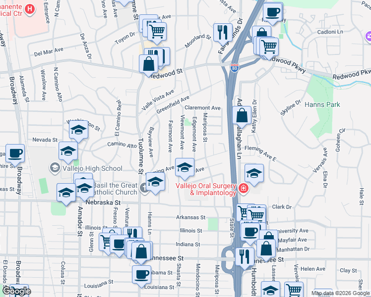 map of restaurants, bars, coffee shops, grocery stores, and more near 198 Fleming Avenue in Vallejo