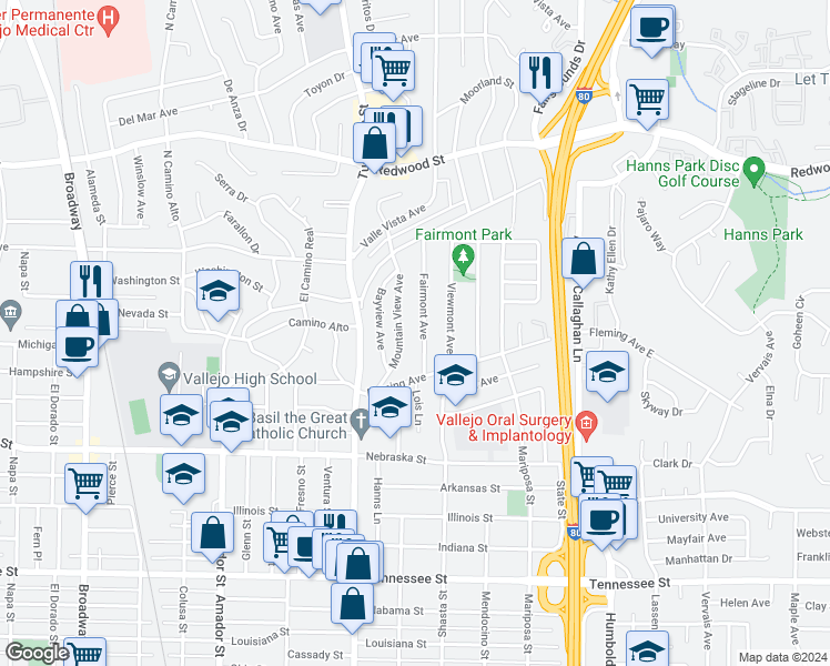 map of restaurants, bars, coffee shops, grocery stores, and more near 124 Mountain View Avenue in Vallejo