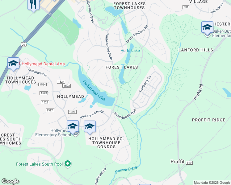 map of restaurants, bars, coffee shops, grocery stores, and more near Timberwood Parkway in Charlottesville