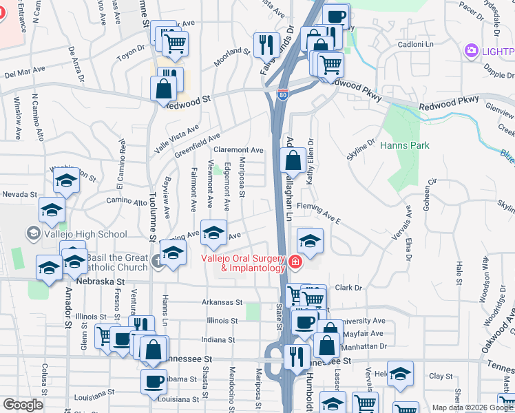 map of restaurants, bars, coffee shops, grocery stores, and more near 240 Fleming Avenue in Vallejo