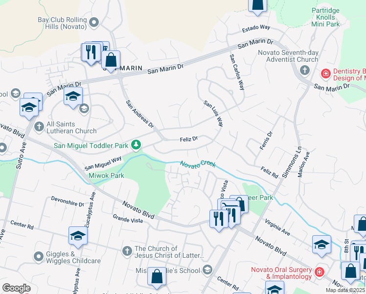 map of restaurants, bars, coffee shops, grocery stores, and more near 157 San Luis Way in Novato