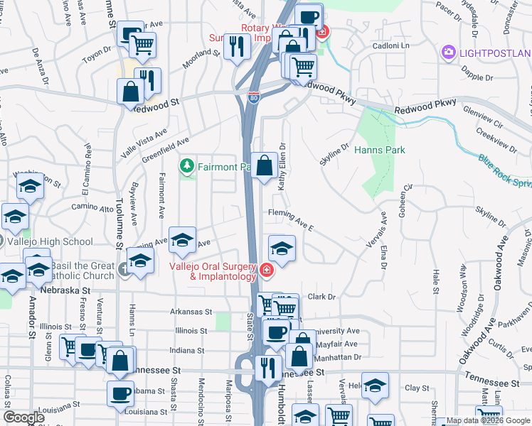 map of restaurants, bars, coffee shops, grocery stores, and more near 108 Maher Court in Vallejo