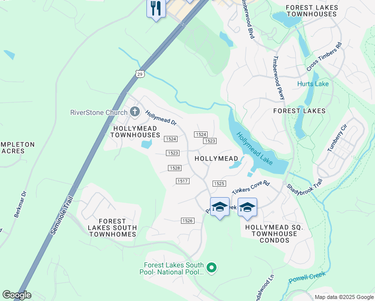 map of restaurants, bars, coffee shops, grocery stores, and more near Hollymead Drive in Albemarle County