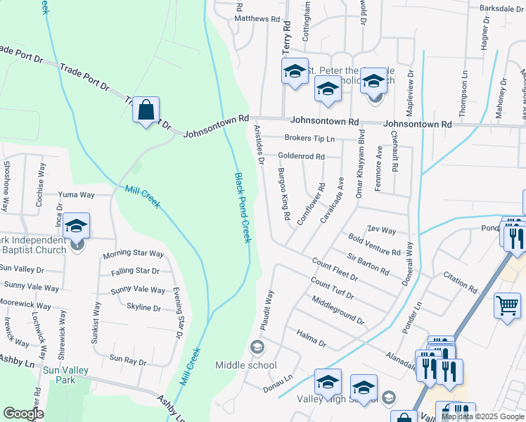 map of restaurants, bars, coffee shops, grocery stores, and more near 9400 Aristides Drive in Louisville