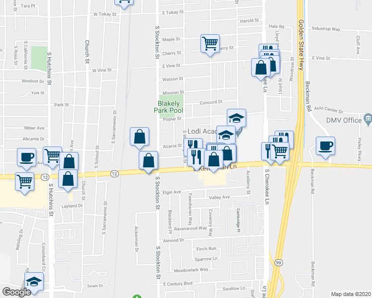 map of restaurants, bars, coffee shops, grocery stores, and more near 1233 South Washington Street in Lodi