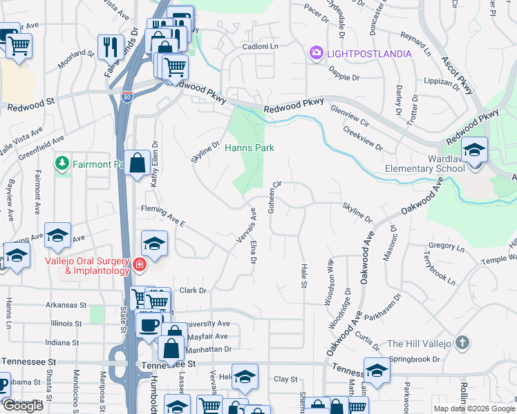 map of restaurants, bars, coffee shops, grocery stores, and more near 401 Goheen Circle in Vallejo
