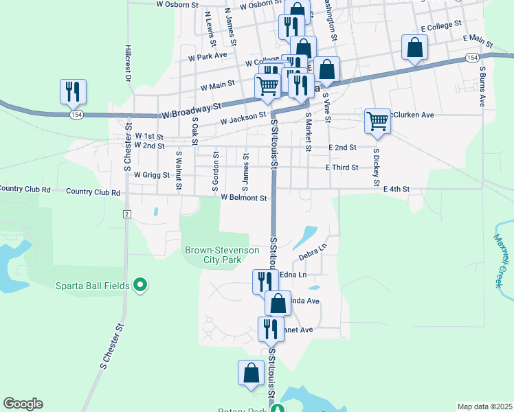 map of restaurants, bars, coffee shops, grocery stores, and more near 517 South Saint Louis Street in Sparta