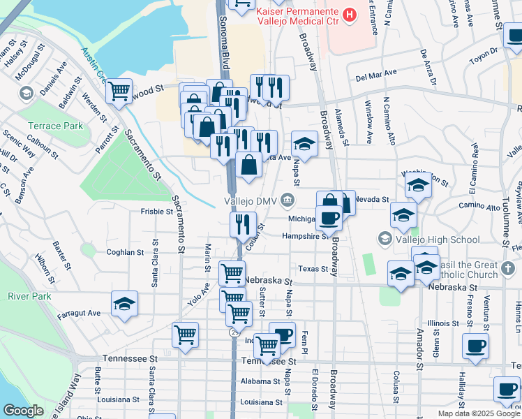 map of restaurants, bars, coffee shops, grocery stores, and more near 231 Couch Street in Vallejo