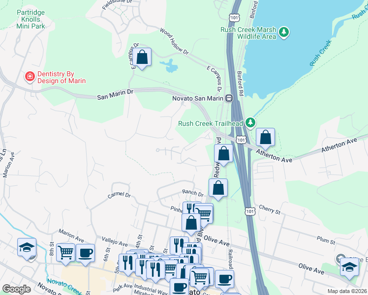 map of restaurants, bars, coffee shops, grocery stores, and more near Escallonia Dr & Aronia Ln in Novato