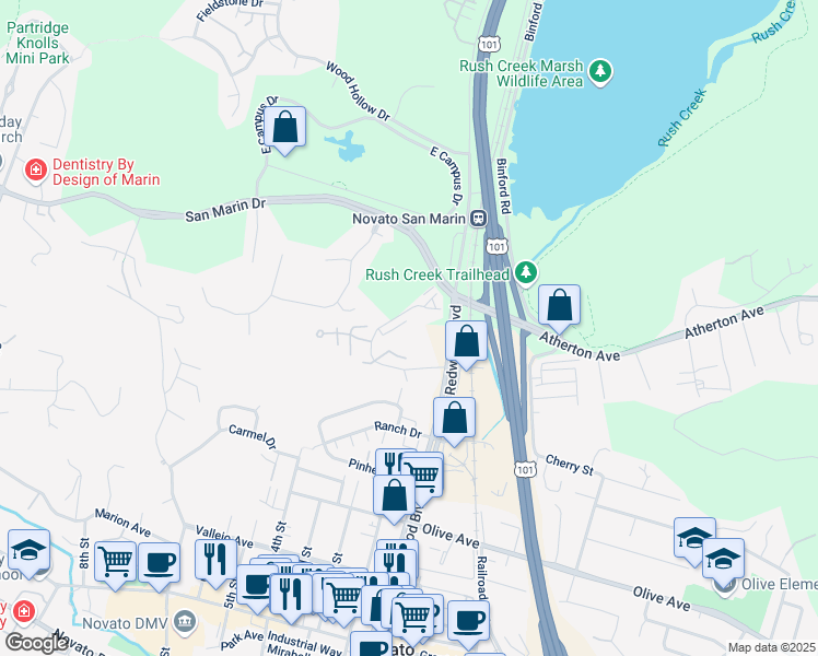 map of restaurants, bars, coffee shops, grocery stores, and more near 78 Aronia Lane in Novato