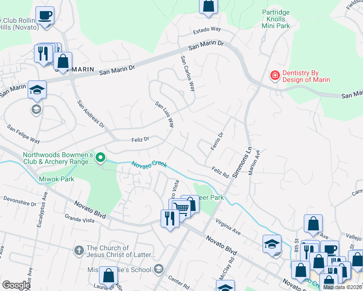 map of restaurants, bars, coffee shops, grocery stores, and more near 2062 Feliz Road in Novato